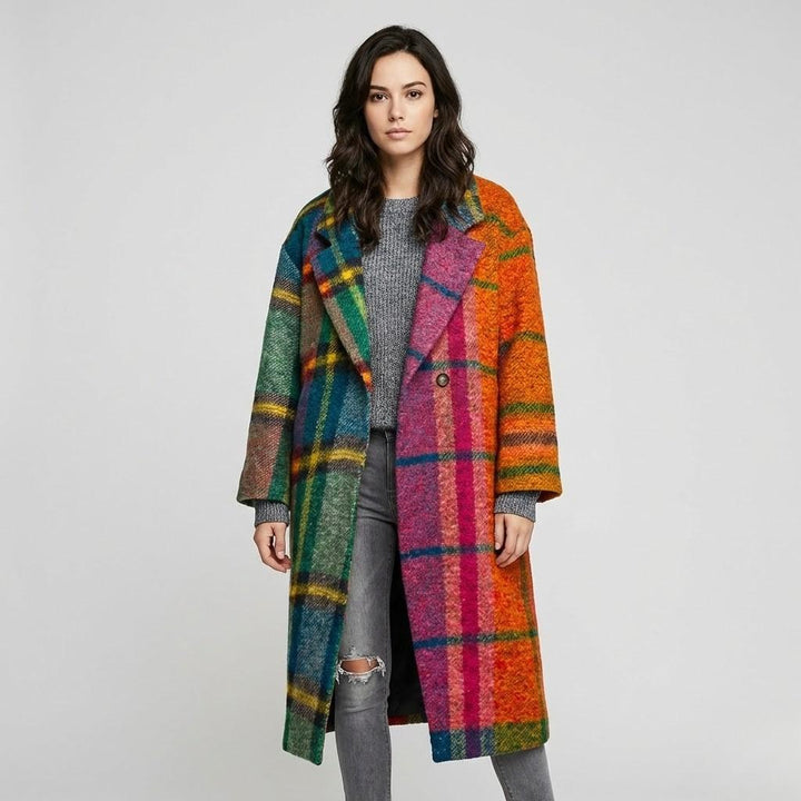 Cappotto lungo in lana dritto con un motivo a quadri evidente