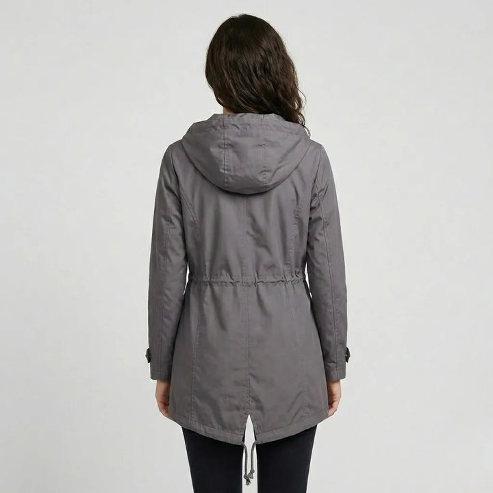Parka lunga in cotone tecnico con cappuccio e vestibilità aderente