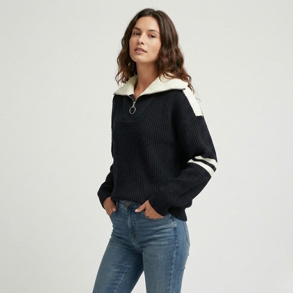 Maglione a coste con colletto a contrasto e zip a metà