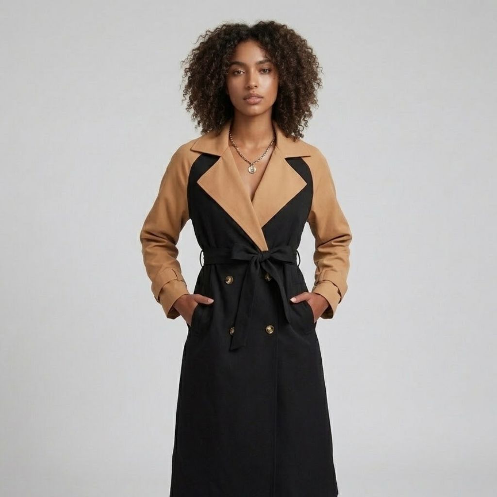 Trench elegante in misto poliestere e cotone con cintura regolabile