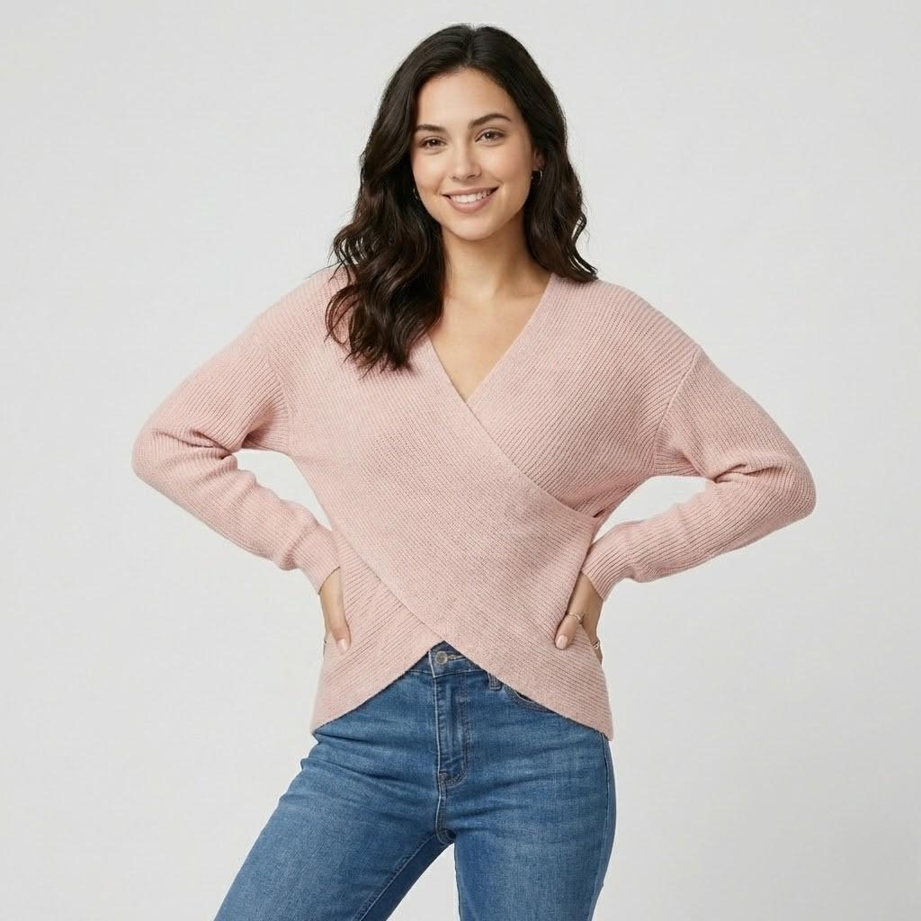 Maglione incrociato a coste con scollo a V
