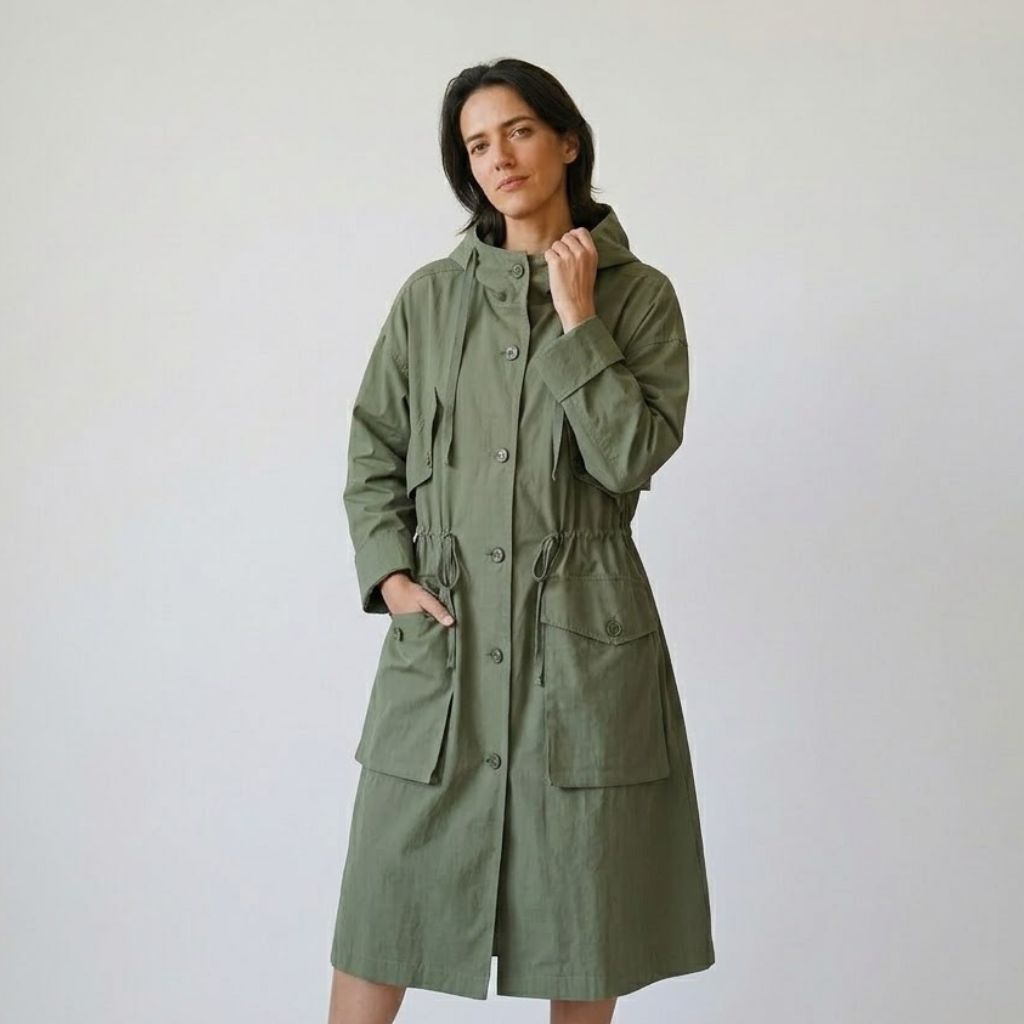 Parka lunga in misto cotone e poliestere con cappuccio regolabile e tasche funzionali