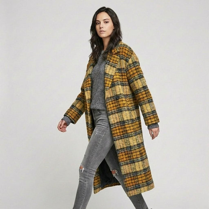 Cappotto lungo in lana dritto con un motivo a quadri evidente