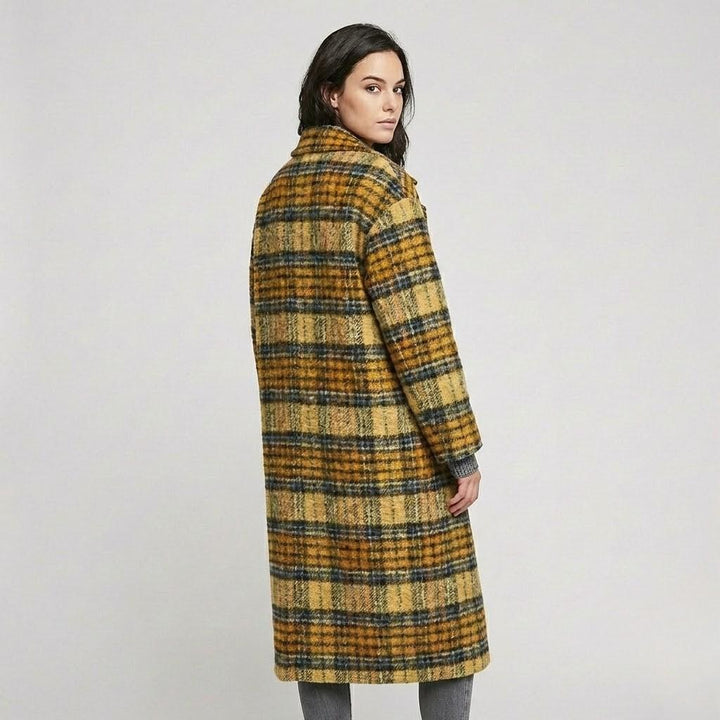 Cappotto lungo in lana dritto con un motivo a quadri marcato