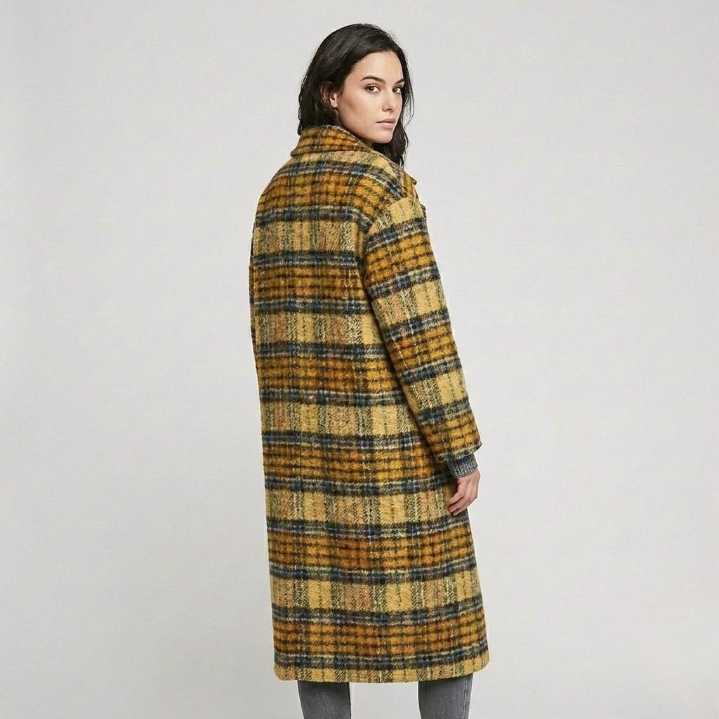 Cappotto lungo in lana dritto con un motivo tartan evidente