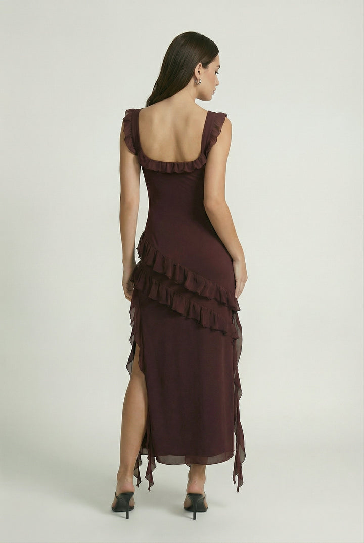 Martina | Abito maxi marrone con schiena scoperta