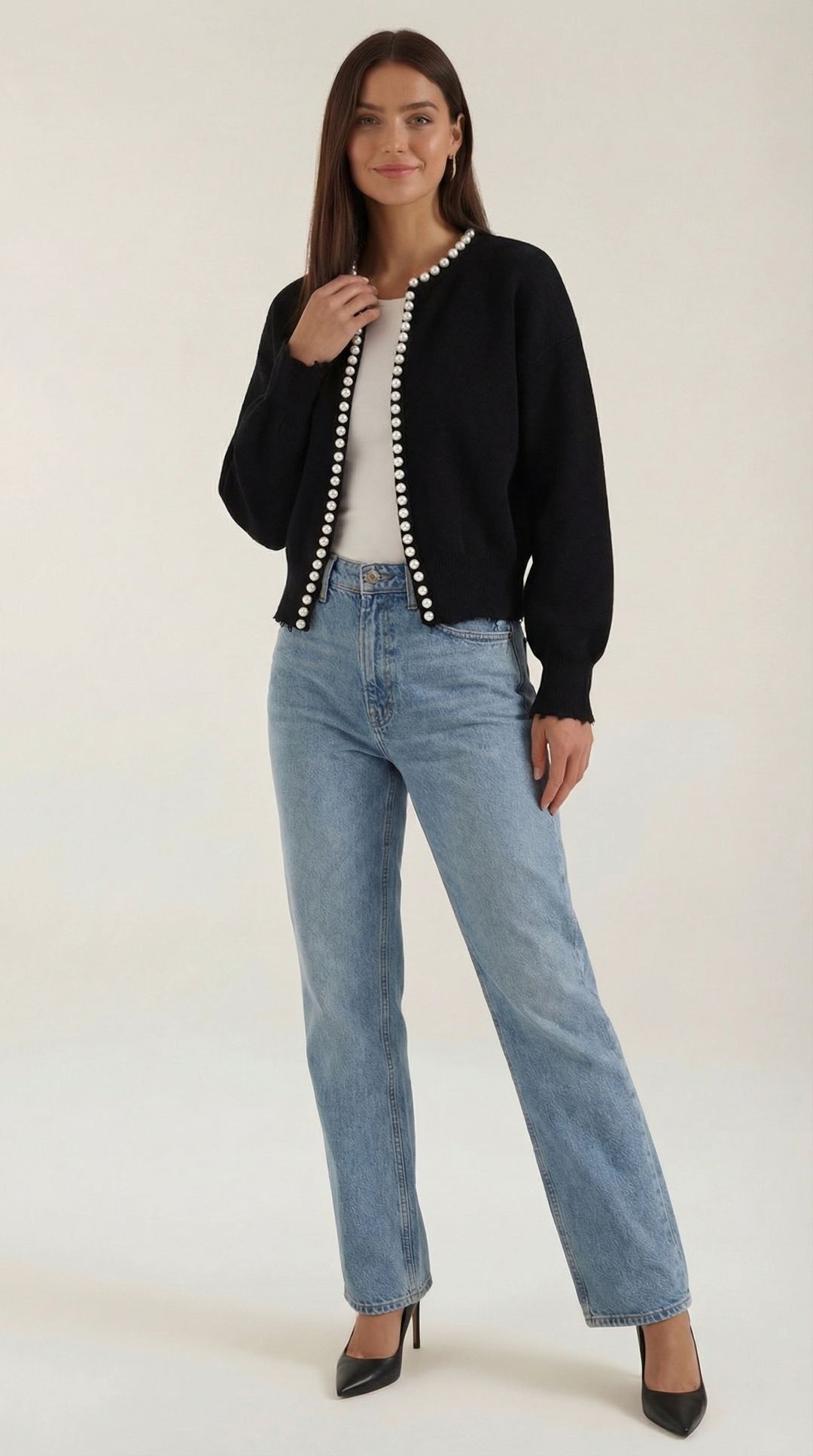 Cardigan lavorato con bottoni in madreperla
