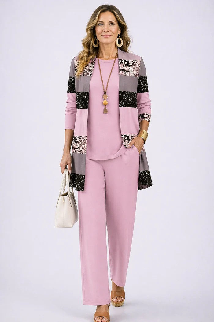 Completo a tre pezzi con top lungo e pantaloni