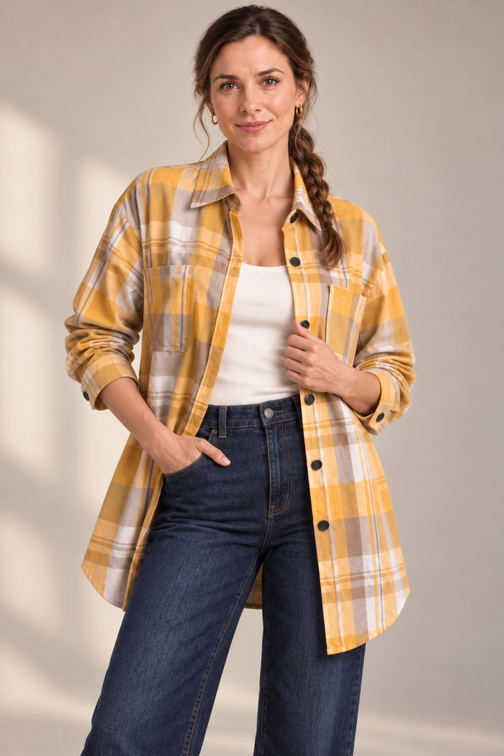 Drahomila | Camicia lunga a quadri in cotone con bottoni