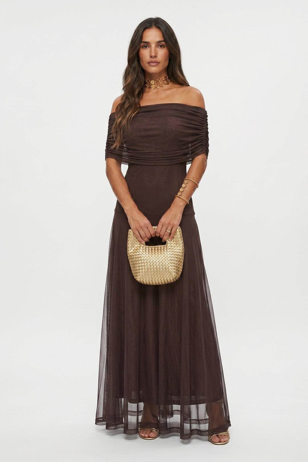 Sofia | Maxi abito con spalle scoperte e drappeggio