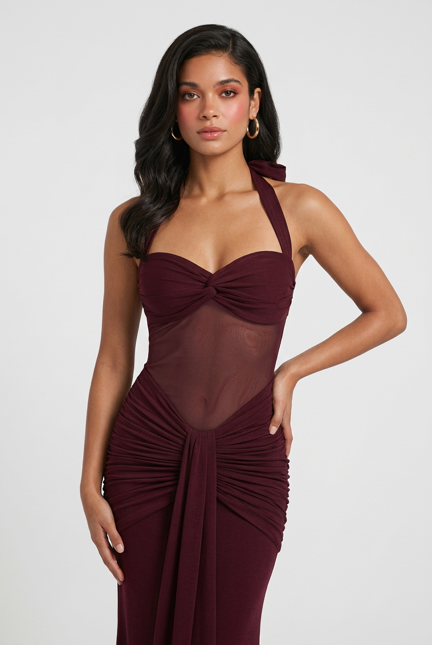 Viktória | Maxi abito bordeaux con scollo