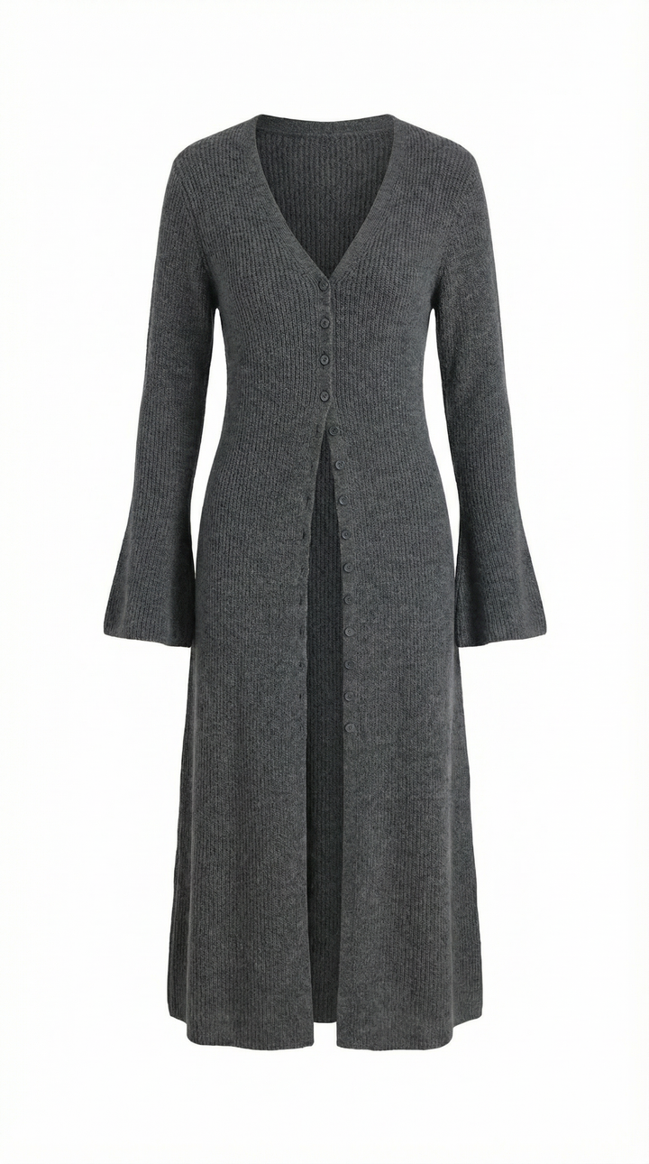 Cardigan lungo a coste con scollatura a V