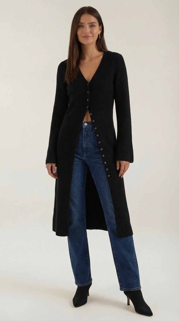 Cardigan lungo a coste con scollatura a V