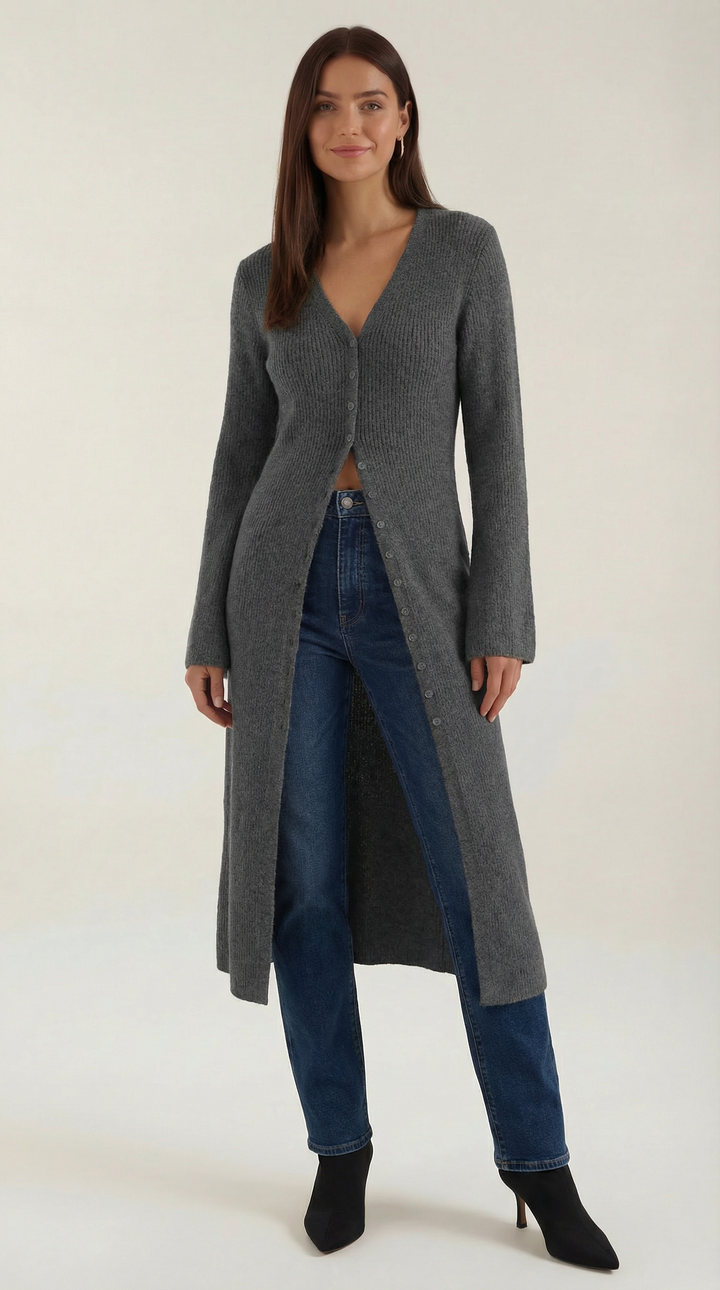 Cardigan lungo a coste con scollatura a V