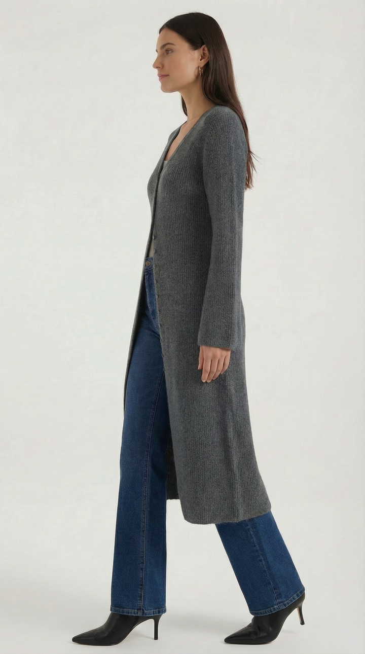 Cardigan lungo a coste con scollatura a V