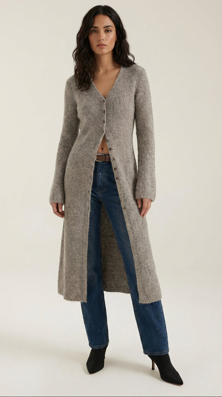 Cardigan lungo a coste con scollatura a V