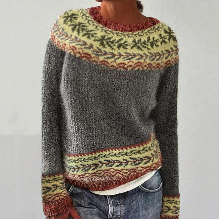 Maglione lavorato a maglia con motivo nordico in tonalità grigie, ruggine e muschio