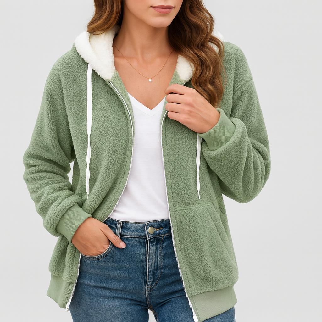 Giacca in fleece da donna con cappuccio e zip frontale
