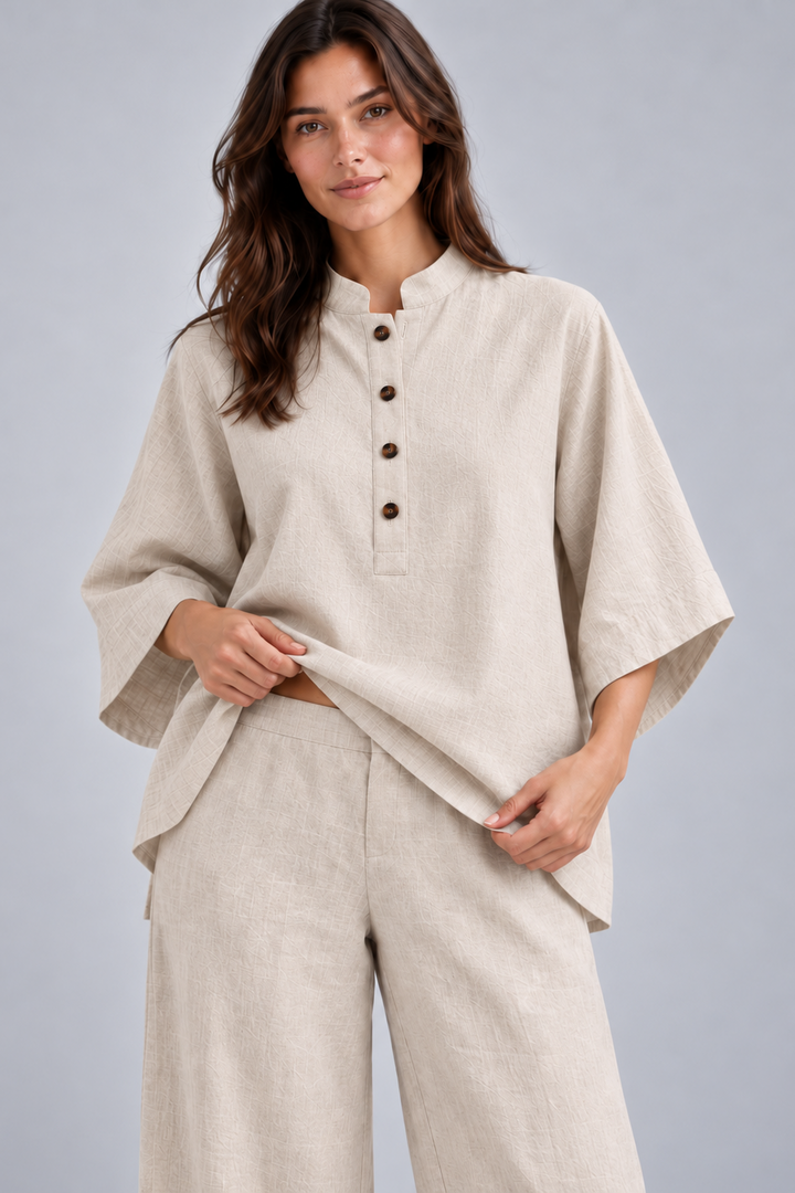 Tereza | Set a due pezzi in lino-cotone con maniche a pipistrello