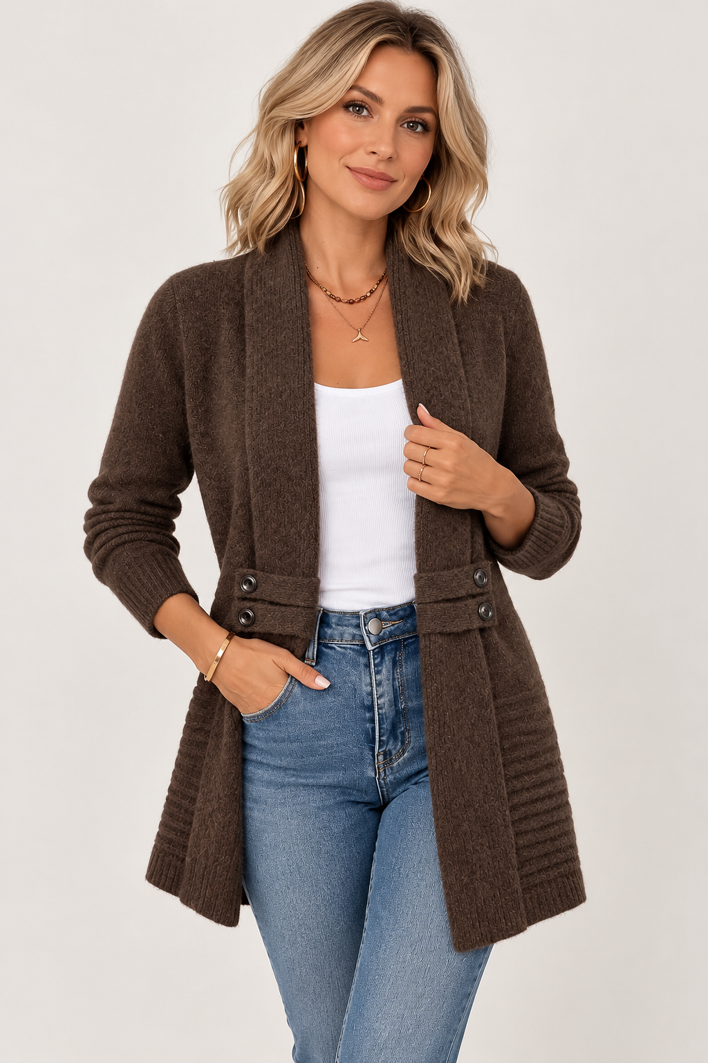 Cardigan lungo in morbido knit con bottoni decorativi