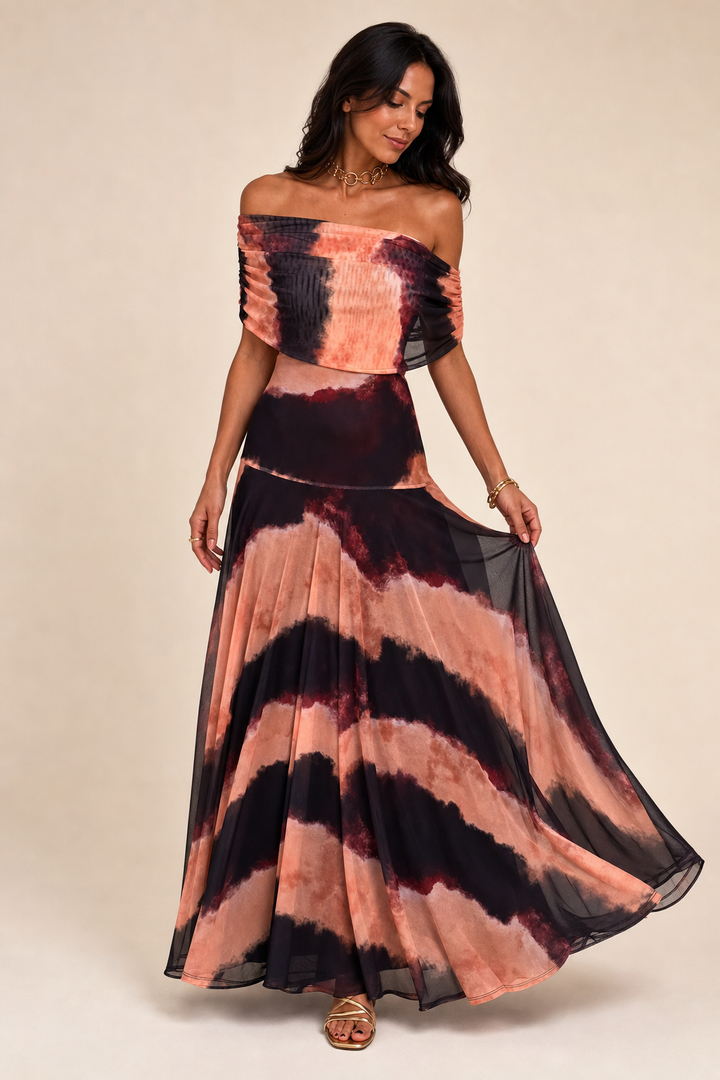 Sofia | Maxi abito con spalle scoperte e drappeggio