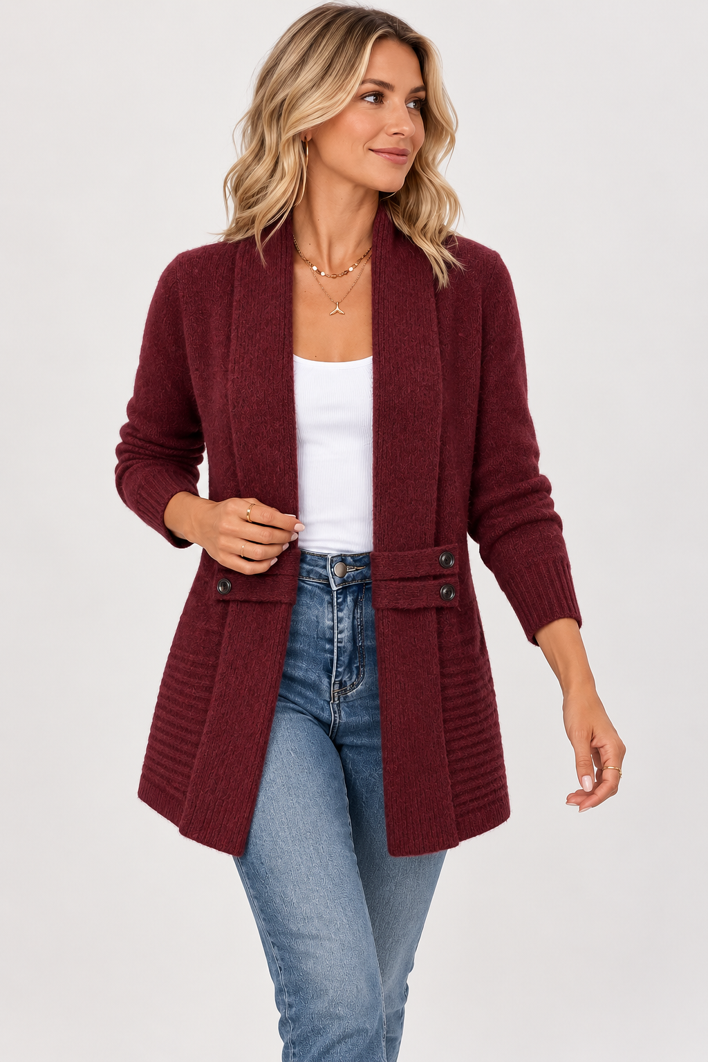 Cardigan lungo in morbido knit con bottoni decorativi