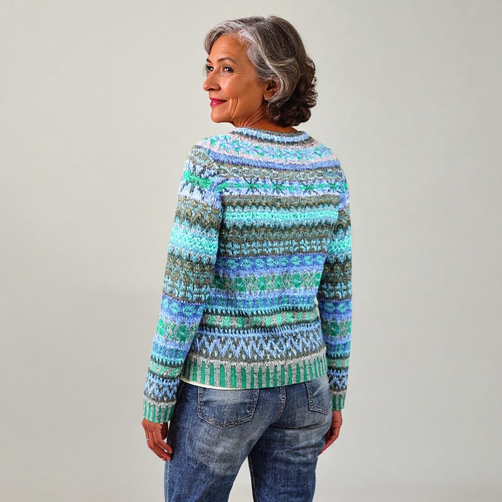 Maglione intrecciato in tonalità menta e blu con un motivo elaborato