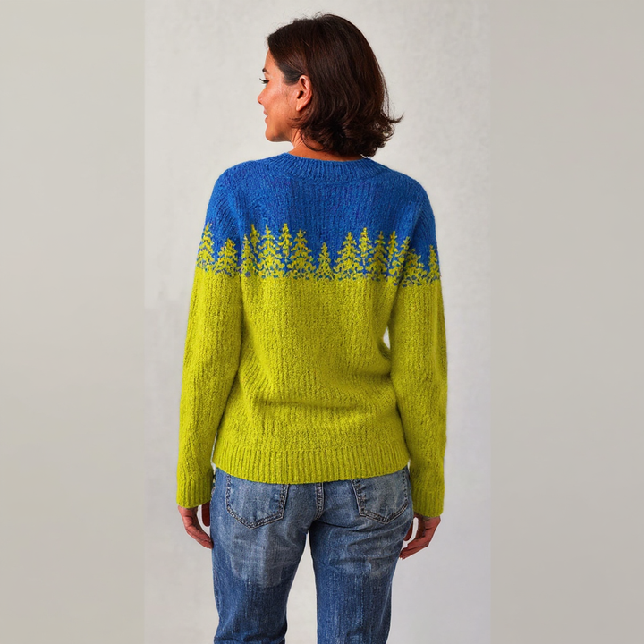 Maglione blu-verde con silhouette di conifere