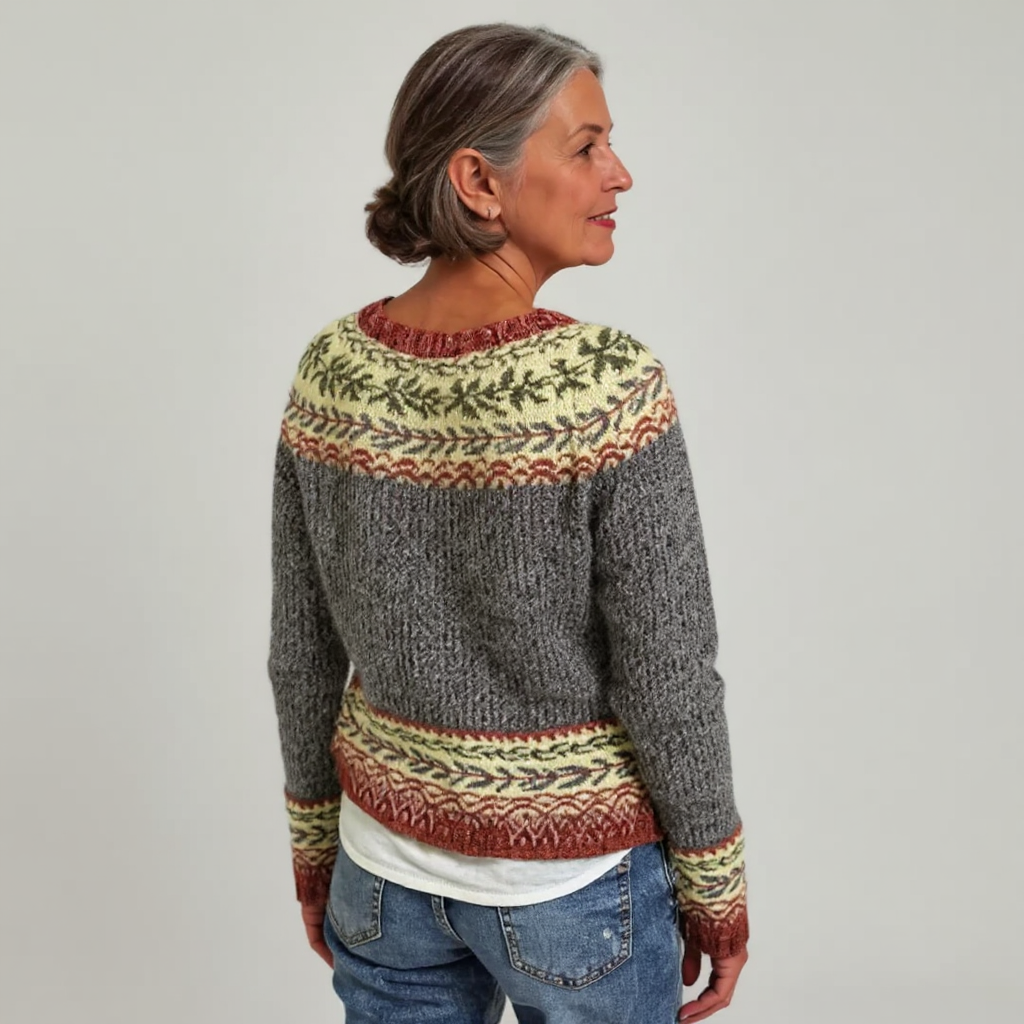 Maglione lavorato a maglia con motivo nordico in tonalità grigie, ruggine e muschio