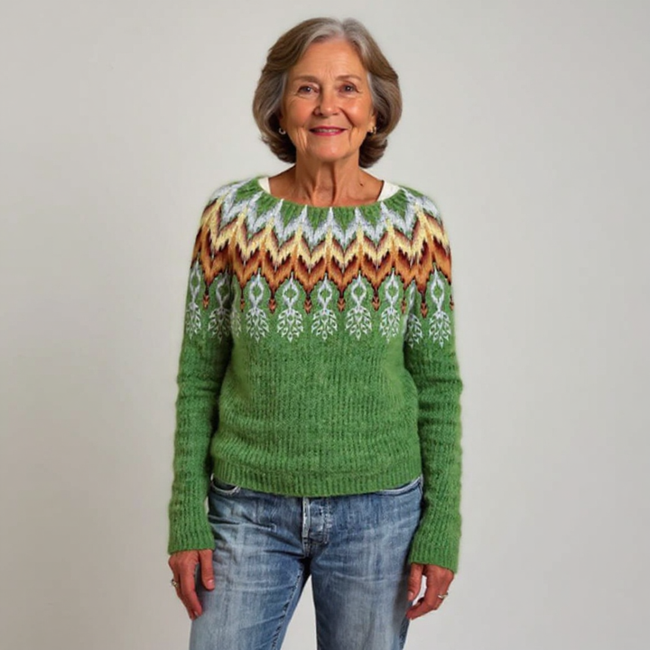 Maglione verde a maglia con motivo fogliare sul collo