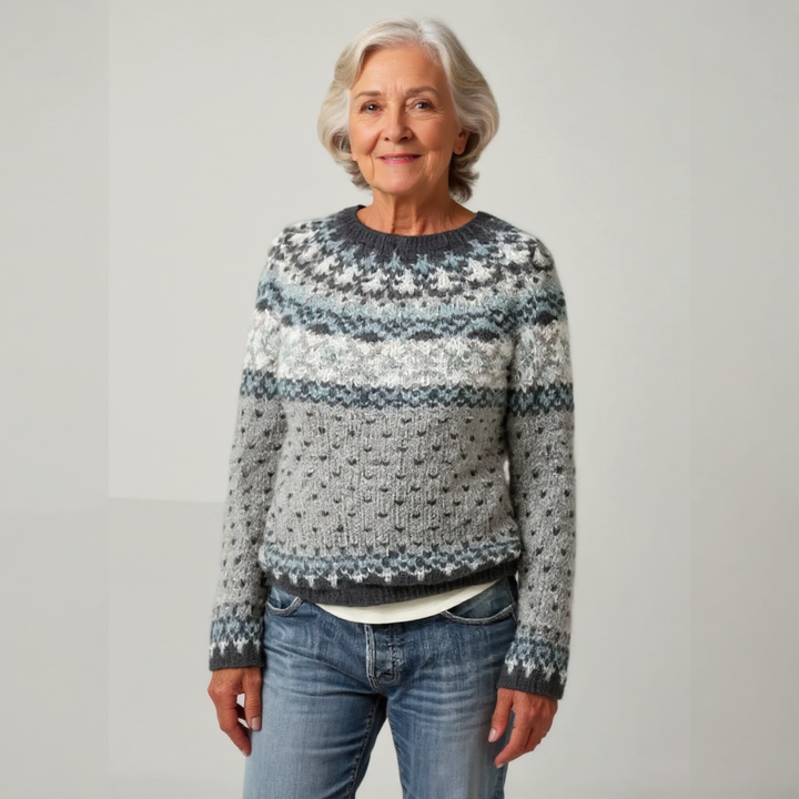 Maglione norvegese grigio, bianco e blu chiaro