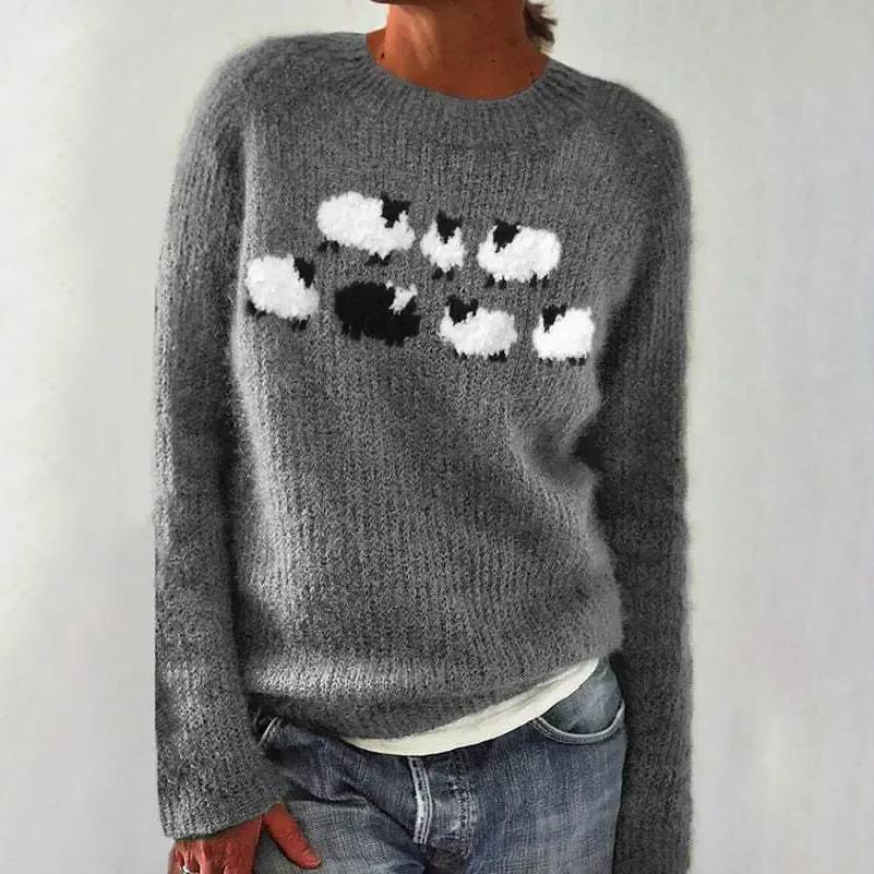 Maglione peloso lavorato a maglia con motivo di pecore