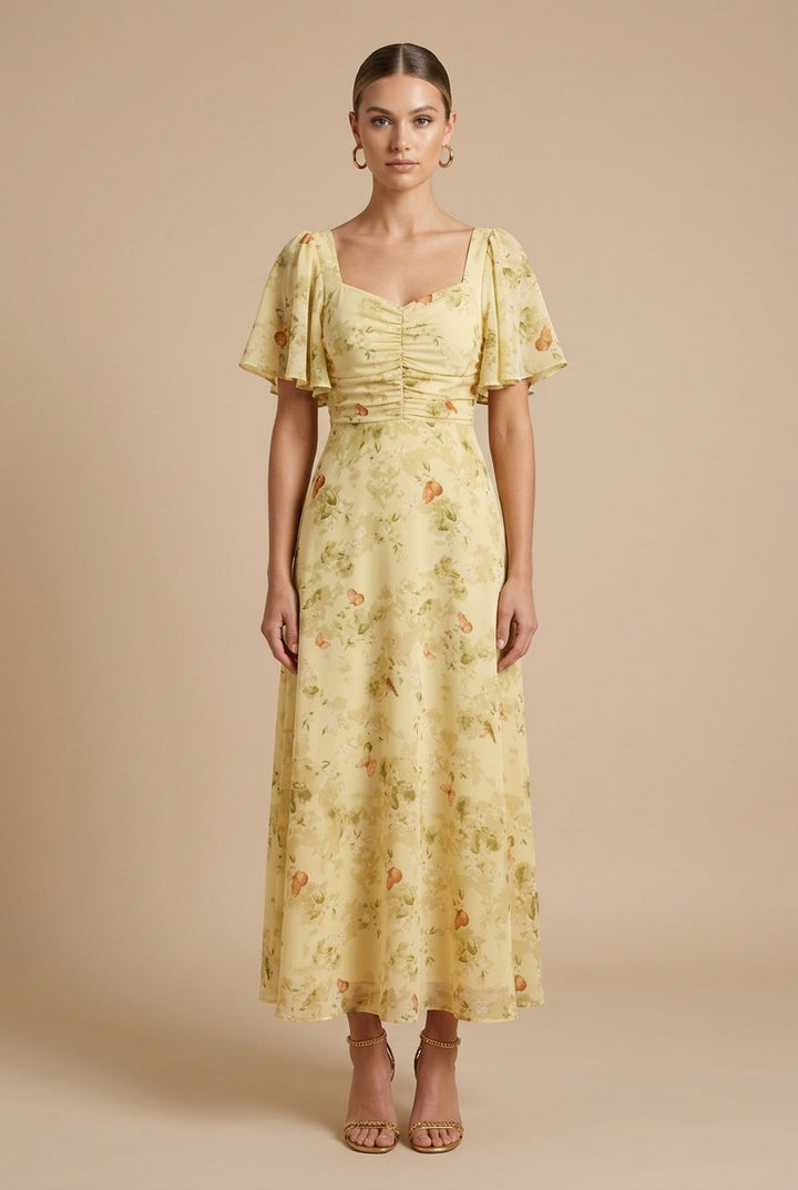 Rebeka | Abito maxi floreale con scollatura quadrata e maniche a volant