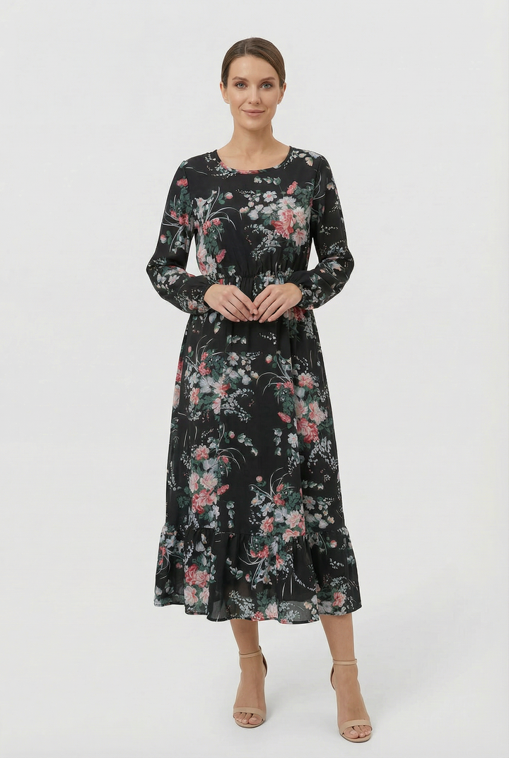 Milena | Abito maxi floreale leggero con maniche lunghe