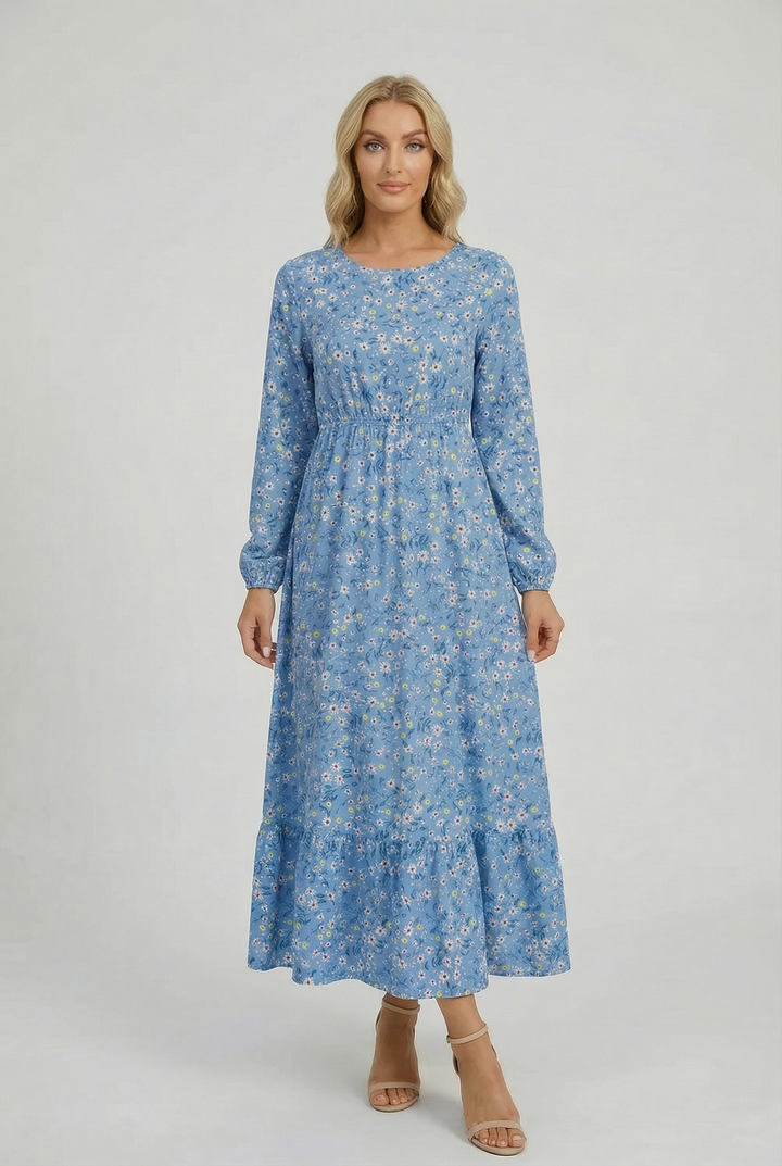 Milena | Abito maxi floreale leggero con maniche lunghe