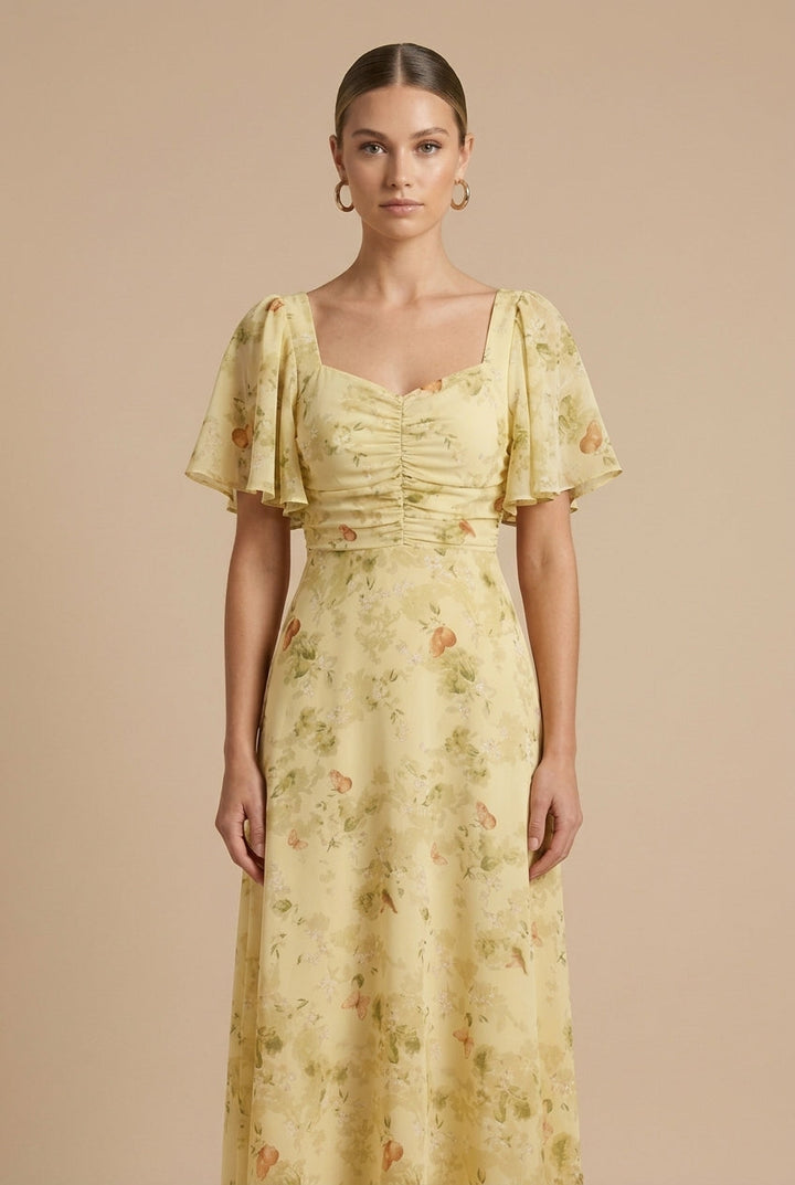 Rebeka | Abito maxi floreale con scollatura quadrata e maniche a volant