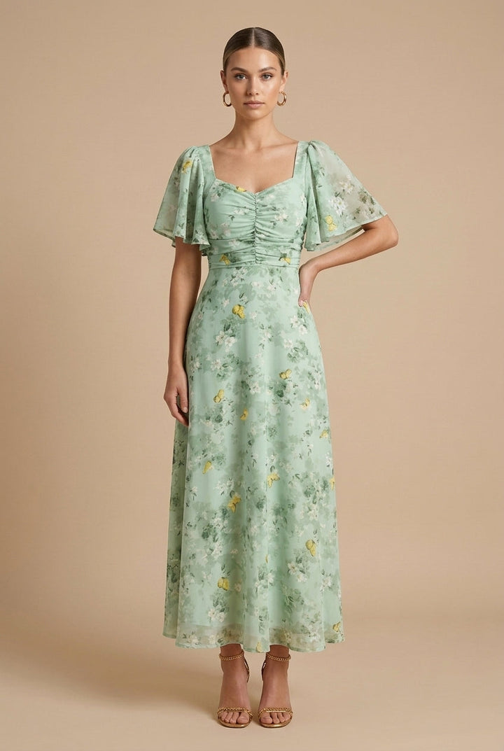 Rebeka | Abito maxi floreale con scollatura quadrata e maniche a volant
