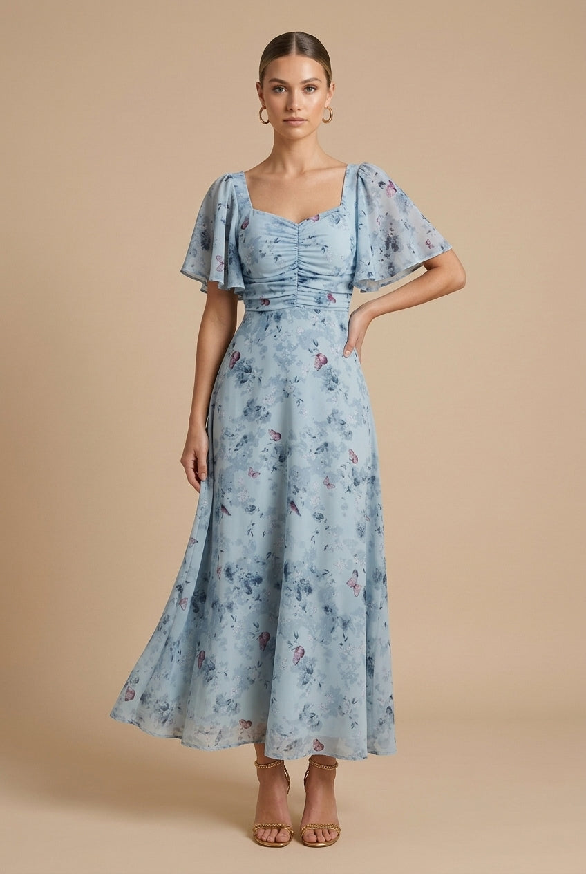 Rebeka | Abito maxi floreale con scollatura quadrata e maniche a volant