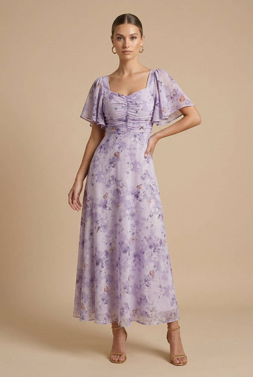 Rebeka | Abito maxi floreale con scollatura quadrata e maniche a volant