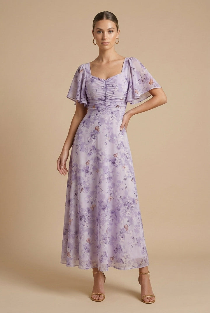 Rebeka | Abito maxi floreale con scollatura quadrata e maniche a volant